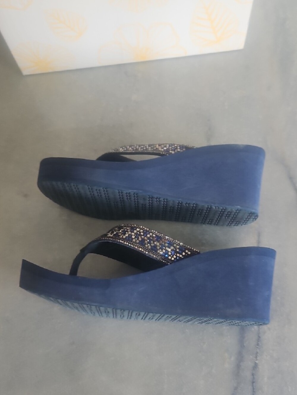 Yellow Box Navy Beaded Wedge Thong Sandals - Picture 4 of 10